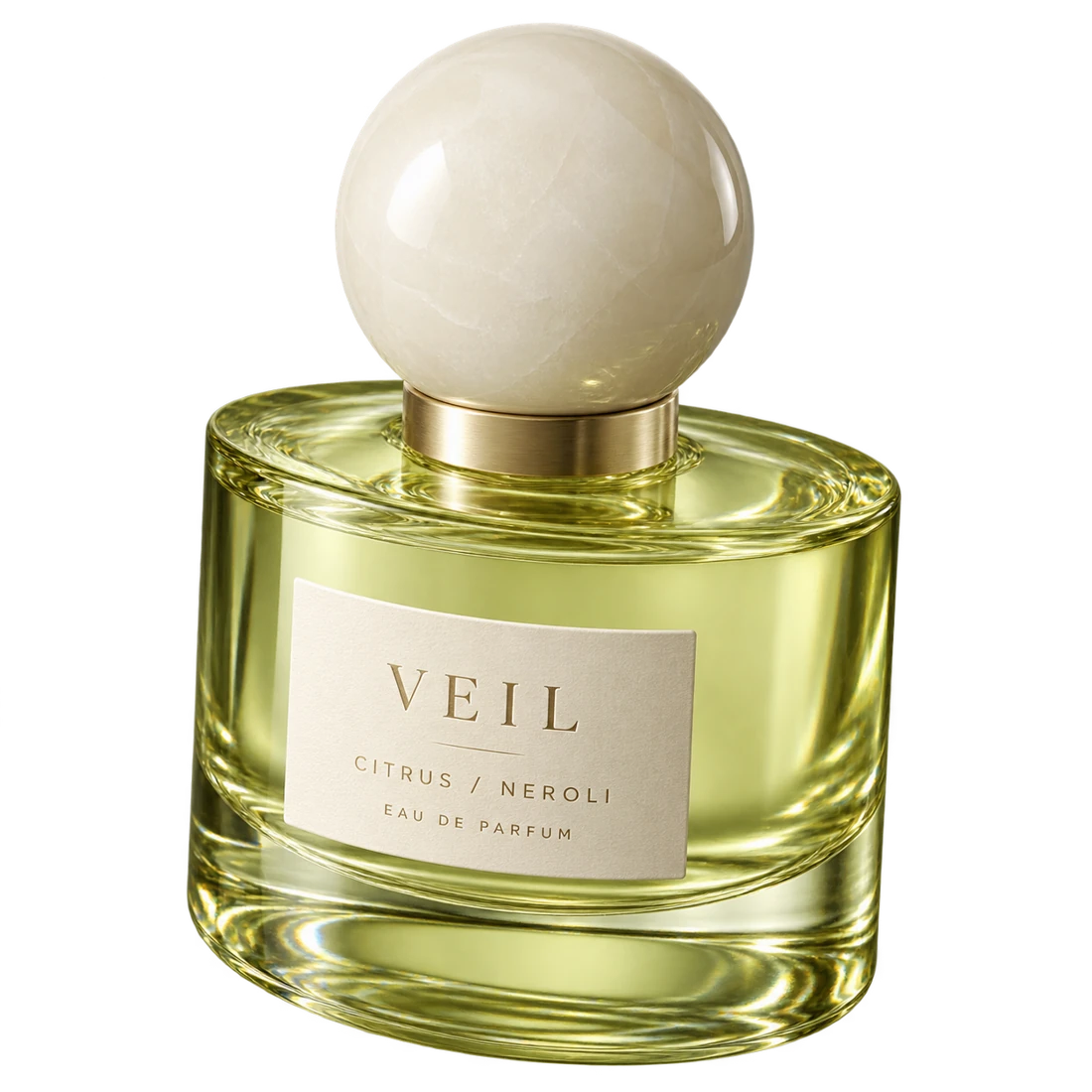 VEIL Citrus Neroli perfume in chartreuse glass with an ivory stone cap