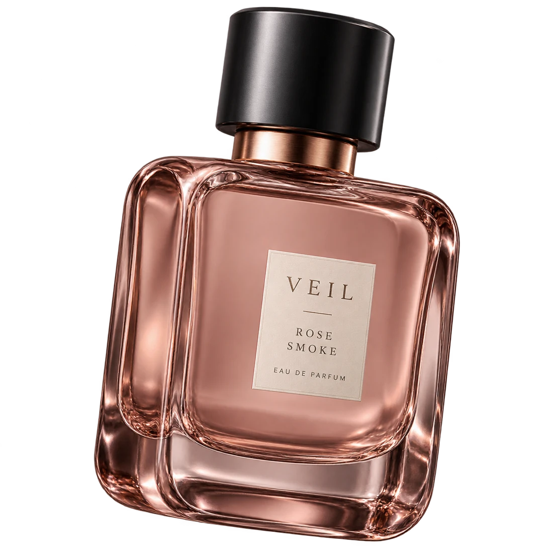 VEIL Rose Smoke perfume in blush glass with a satin black cap