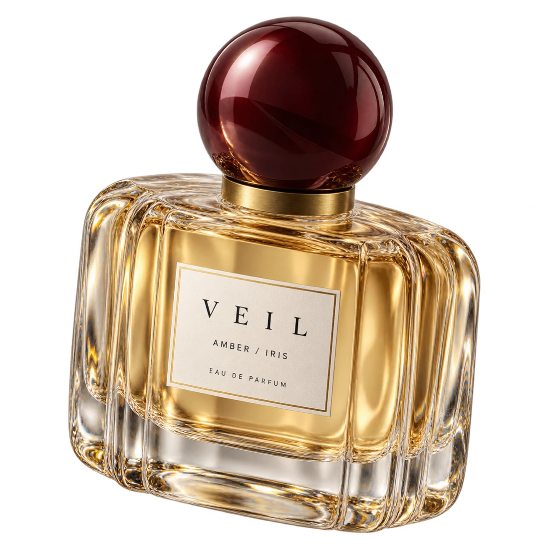 VEIL Amber Iris perfume in amber glass with an oxblood cap